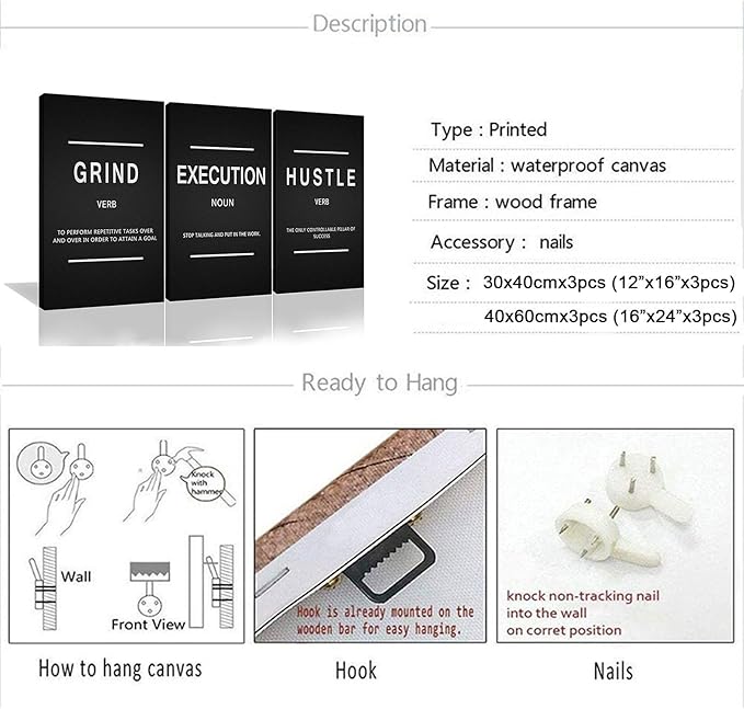 Framed Canvas Wall Art Success Quote, Office Wall Art, Black Large Poster, Positive Motivational Set of 3 Prints, Execute Failure Definition, Inspirational Print (B-3pcs,12x16inchx3pcs)-StrideForce Fitness