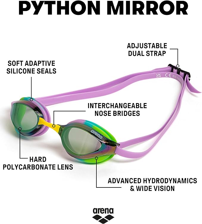 ARENA Unisex Python Racing Swim Goggles for Men and Women Anti-Fog No Leak Max Comfort Dual Strap, Mirror/Non-Mirror Lens-StrideForce Fitness