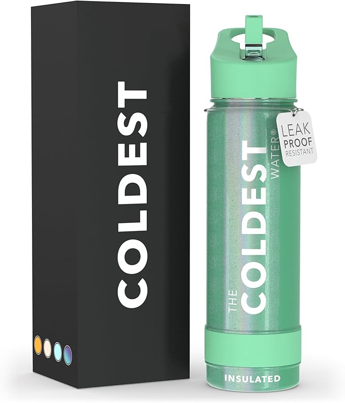 Coldest Insulated Water Bottle with Straw Lid - Stainless Steel Metal Insulated Bottle for Men & Women (Green Aurora Glitter, 24 oz)-StrideForce Fitness