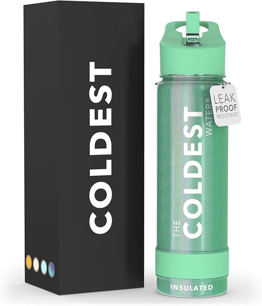 Coldest Insulated Water Bottle with Straw Lid - Stainless Steel Metal Insulated Bottle for Men & Women (Green Aurora Glitter, 24 oz)-StrideForce Fitness
