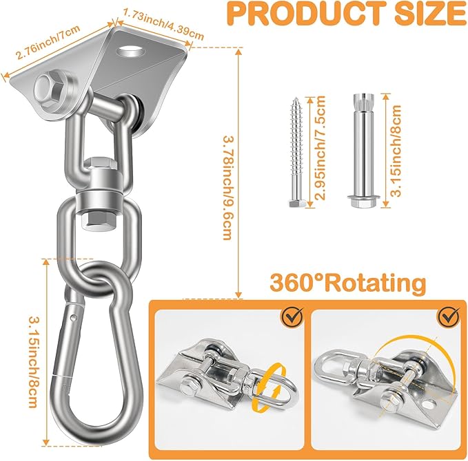 Hammock Hanging Kit 2 Pack, Porch Swing Hanging Kit 1200 Lb Capacity, Hammock Ceiling Hooks Heavy Duty 360° Stainless Steel Rotating Hanging Swing Chair for Hammock Chair Stand, Porch, Yoga, Gym-StrideForce Fitness