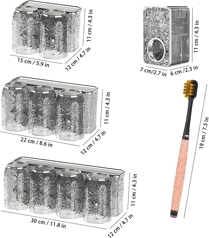 Toothbrush Holders Combo Set for Bathroom，4 Cups Toothbrush Holder Wall Mounted with Organizer，Gift 4 Count Ultra Fine Soft Bristle Crystal Tooth Brush and Wall Mounted Toothpaste Squeezer