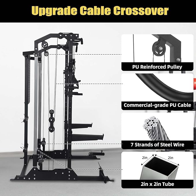 Power Cage, Squat Rack with Cable Crossover and Dual Independent Pulley System, 2000LB Capacity Workout Cage with More Training Attachments, Power Rack for Home Gym-StrideForce Fitness
