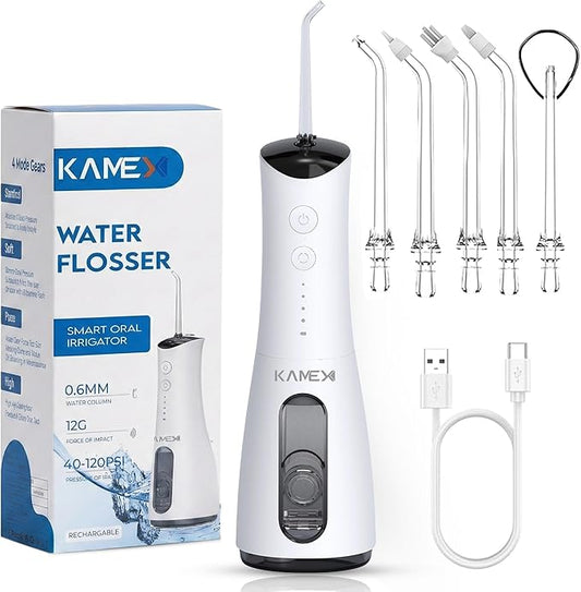 KAMEX Cordless Water Dental Flosser for Teeth Cleaning: Portable Oral Irrigator with 300ML Tank, 4 Cleaning Modes, Rechargeable IPX7 Waterproof Water Flosser for Sensitive Gums, Braces - Home & Travel