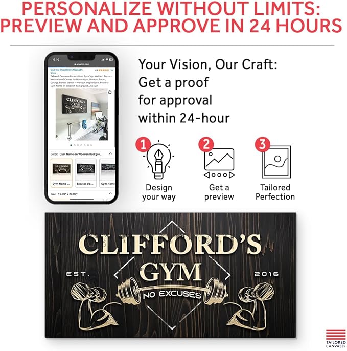 Tailored Canvases Personalized Gym Sign Wall Art Decor - Motivational Canvas for Home, Workout Room, Garage, Fitness Center - Inspirational Posters With Name on Wooden Background, 48x24in-StrideForce Fitness