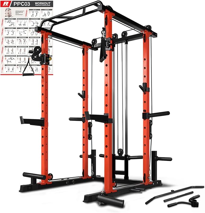 RitFit Multi-Function Squat Rack Power Cage PPC03 with Cable Crossover System, 1000LBS Capacity Power Rack and Packages with Optional Weight Bench, Barbell Weight Set, for Garage Workout & Home Gym-StrideForce Fitness