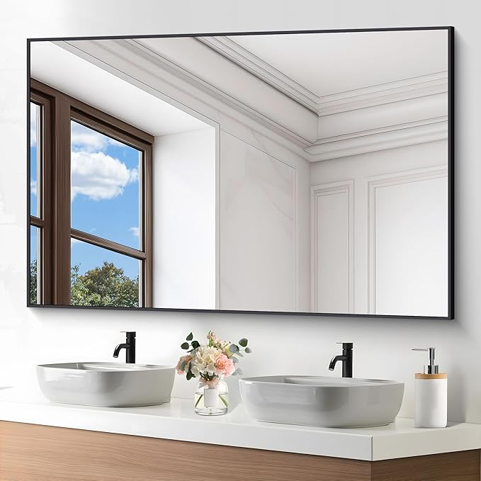 Black Bathroom Mirror for Wall, 60x40 Inch Rectangle Mirrors with Metal Frame, Modern Vanity Wall Mirror Decor for Entryway Hangs, Bathroom Living Room Horizontal or Vertical-StrideForce Fitness