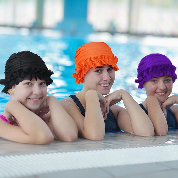 Soulchen 3 Pcs Swim Cap Women Adult with Ruffled Edges Nylon Cloth Swimming Cap for Women Bathing Hats Swim Turban Waterproof Swimming Hat-StrideForce Fitness