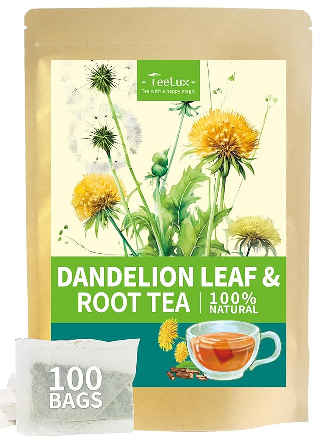 TeeLux Dandelion Leaf & Root Tea Bags, Natural Roasted Dandelion Root with Fresh Dandelion Leaf Herbal Tea, Caffeine Free, 100 Count