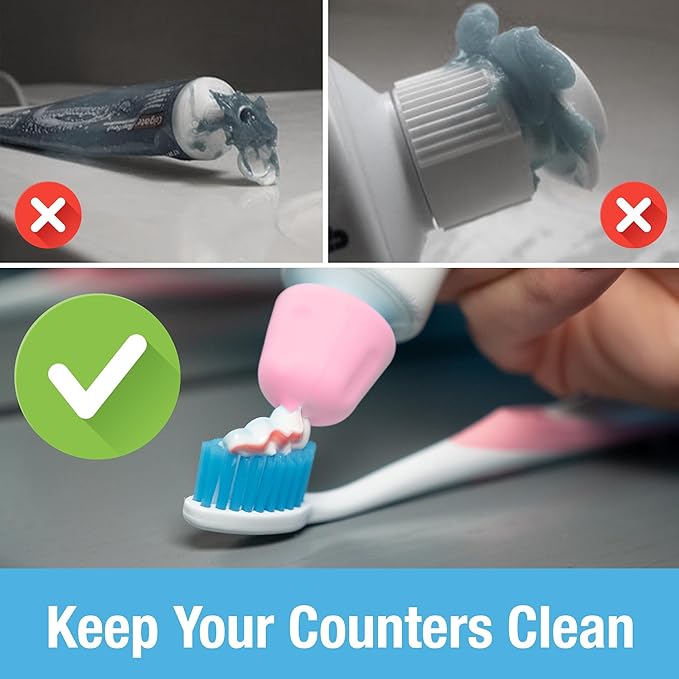 Self Closing Toothpaste Caps 6-Pack by Tilcare - No Waste Cap Dispensers for Adult and Kids Bathroom - Mess-Free Toothpaste Lids - Easy to Use, Food Grade Silicone and BPA-Free Toppers