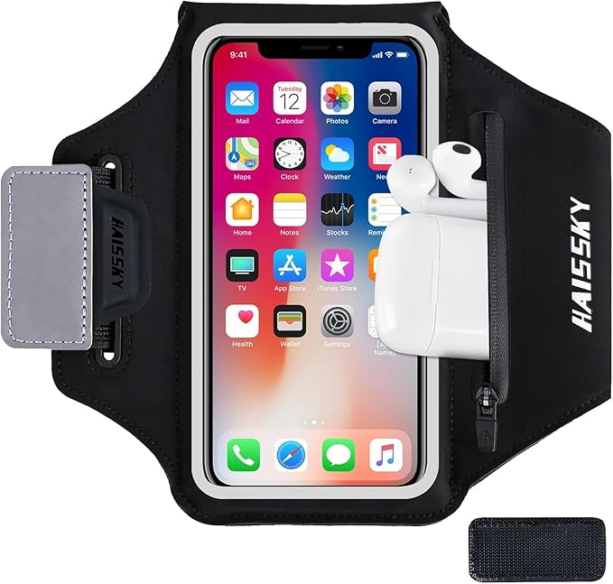 Running Armband with Earphone Bag Cell Phone Armband for iPhone 16/15/14/13/12 Pro, Galaxy S21/S20, Water Resistant Sports Phone Holder & Zipper Slot Car Key Holder for 6.4 inch Phone-StrideForce Fitness