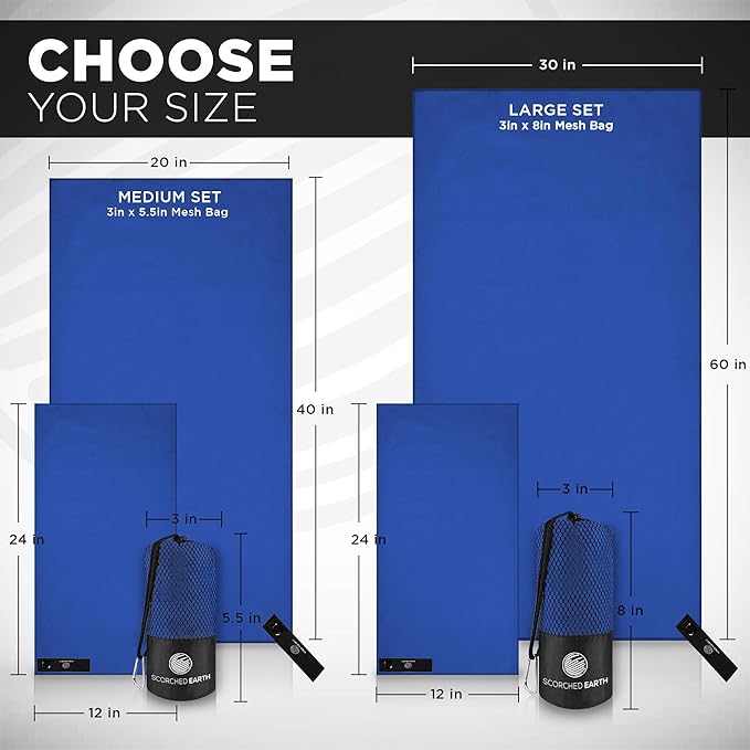 ScorchedEarth Microfiber Travel & Sports Towel Set - Quick Dry, Super Absorbent, Compact, Lightweight - for Camping, Backpacking, Hiking, Beach, Yoga, Swimming - Includes 2 Sizes + Carrying Bag & Clip-StrideForce Fitness