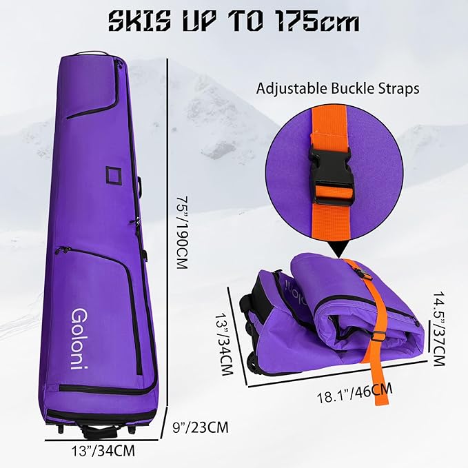 Goloni Ski Bag with Wheels,Padded Snowboard Bag for Air Travel,600D Waterproof Fabric,Foldable Snow Bag Fits 2 Pairs Skis-StrideForce Fitness