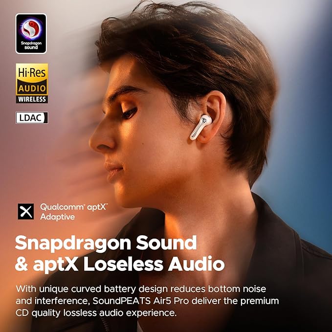 SoundPEATS Air5 Pro Adaptive Hybrid Noise Cancelling Wireless Earbuds, Qualcomm Snapdragon Sound, aptX™ Lossless, LDAC LE Hi-Res Audio, 6 Mics AI CVC 8.0 Call, 37H Playtime, IPX5 Waterproof, BT 5.4-StrideForce Fitness