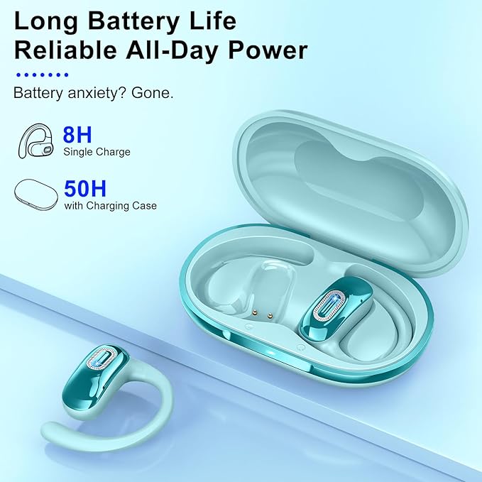 Open Ear Headphones, Bluetooth 5.4 Earbuds, 50H, Air Conduction Ear buds, HD Stereo Bass Over Ear Earphones with Earhooks, Ultra-Comfort Secure Fit, IPX7 Waterproof Headset for Working Sports, Blue-StrideForce Fitness