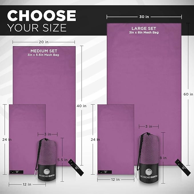 ScorchedEarth Microfiber Travel & Sports Towel Set - Quick Dry, Super Absorbent, Compact, Lightweight - for Camping, Backpacking, Hiking, Beach, Yoga, Swimming - Includes 2 Sizes + Carrying Bag & Clip-StrideForce Fitness