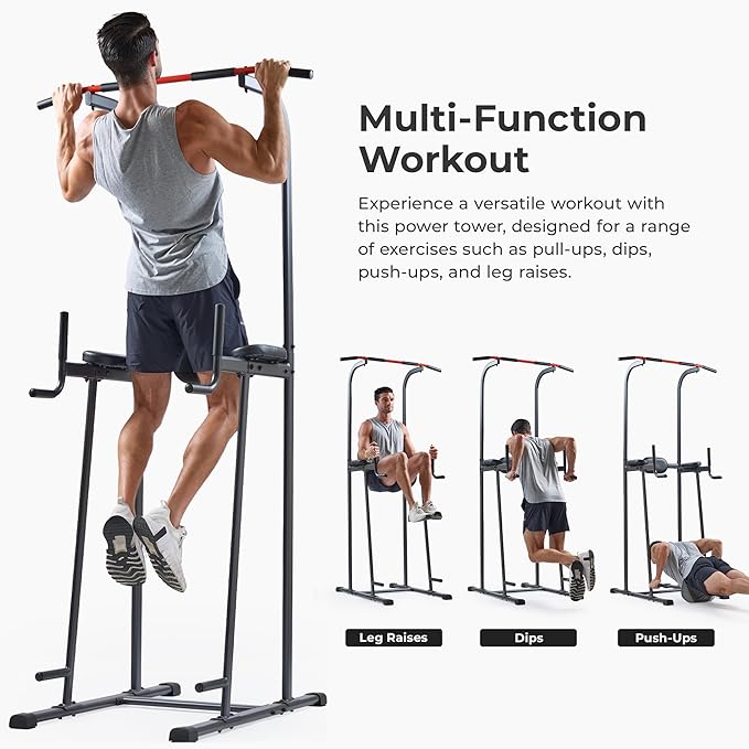 Sunny Health & Fitness Power Tower, Dip Bar, Push-Up & Pull Up Assisting Parallette Station w Optional Rock Climbing Grip Trainer-StrideForce Fitness