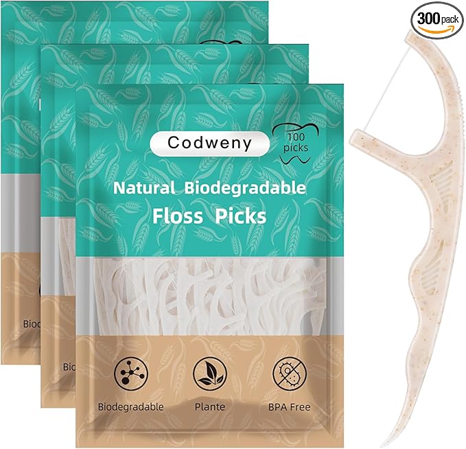 Biodegradable Dental Floss Picks 300 Count, Vegan Plant Based Handle,Eco Friendly Tooth Flossers Toothpick Soft Cleaning for Kids and Adult on Gums(300)