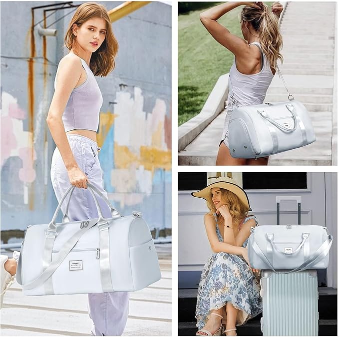 FIORETTO Womens Gym Tote Duffle Bag with Wet Pocket & Shoe Compartment, Sports Duffel Overnight Weekender Hospital Workout Carry on Bag for Girls, Ideal for Travel, Swimming, Dance, Ballet Grey-StrideForce Fitness