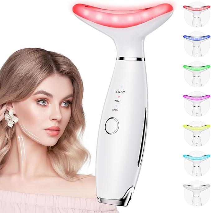 7 Color Galvanic Machines - Red Light Therapy for Face and Neck, Face Massager Tool for Wrinkles, Double Chin, Vibrating Facial Massager with Thermals, White-StrideForce Fitness