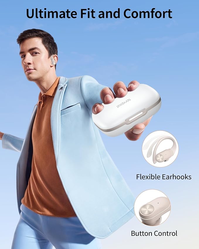 PocBuds Bluetooth Headphones Wireless Earbuds 80hrs Playtime Wireless Charging Case Digital Display Sport Ear Buds with Earhook Deep Bass IPX7 Waterproof Over-Ear Earphones for Phone Laptop Beige-StrideForce Fitness