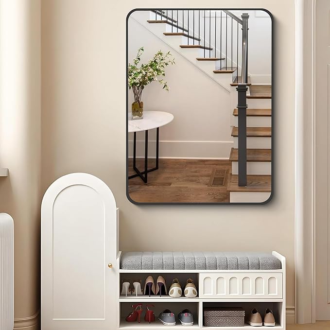 FORBATH Bathroom Mirror 30" X 40", Large Rectangular Wall Mirror, Black Metal Framed Rounded Corner Wall Mounted Mirror for Bathroom Bedroom Entryway Decor(Horizontal/Vertical)-StrideForce Fitness