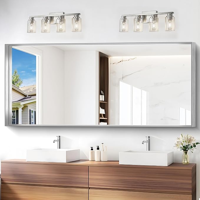 Silver Bathroom Mirror, 72x30 Inch Rectangular Deep Frame Mirror, Large Wall Mounted Bathroom Vanity Mirror Over Sink for Bedroom,Restroom, Living Room, Hangs Vertically or Horizontally-StrideForce Fitness