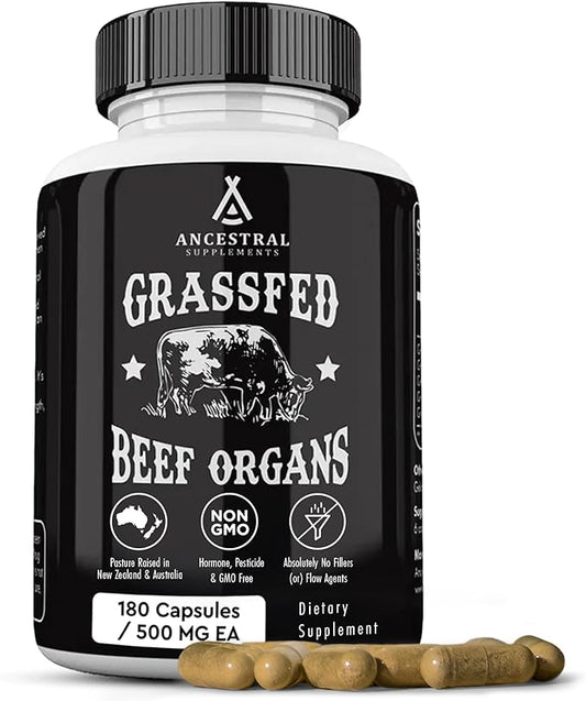 Ancestral Supplements Grass Fed Beef Organ Supplement, Supports Whole Body Wellness with Proprietary Blend of Liver, Heart, Kidney, Pancreas, Spleen, Freeze-Dried Beef, Non-GMO, 180 Capsules-StrideForce Fitness