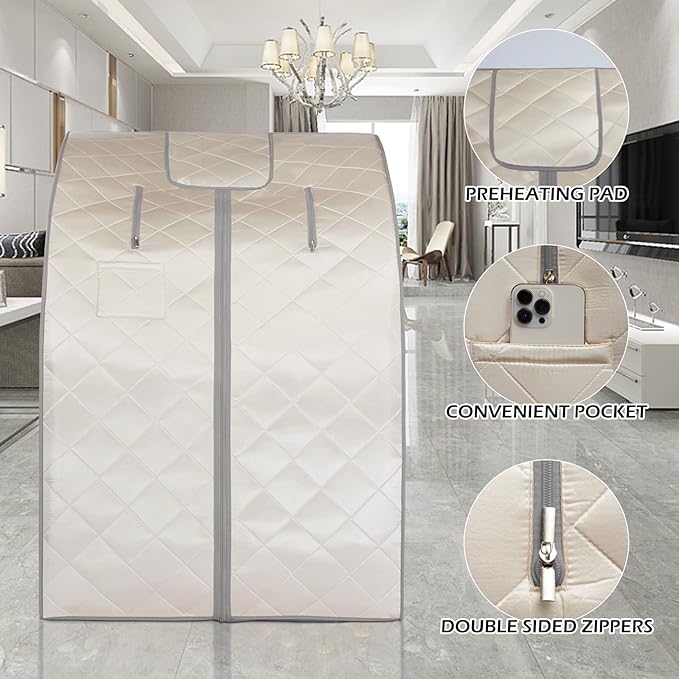 Smartmak Far Infrared Sauna, Full Body One Person Portable SPA Set with Time & Tempreture Remote Control, Heating Foot Pad and Foldable Reinforced Chair (L 27.6’’ x W 31.5’’ x H 37.8’’)- Beige-StrideForce Fitness