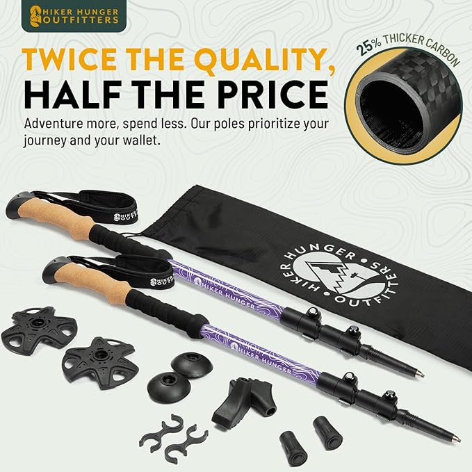100% Carbon Fiber Trekking Poles by USA Brand - Ultra Strong Lightweight Collapsible Hiking Poles with Cork and EVA Foam Grips & Quick Adjustable Flip Locks-StrideForce Fitness