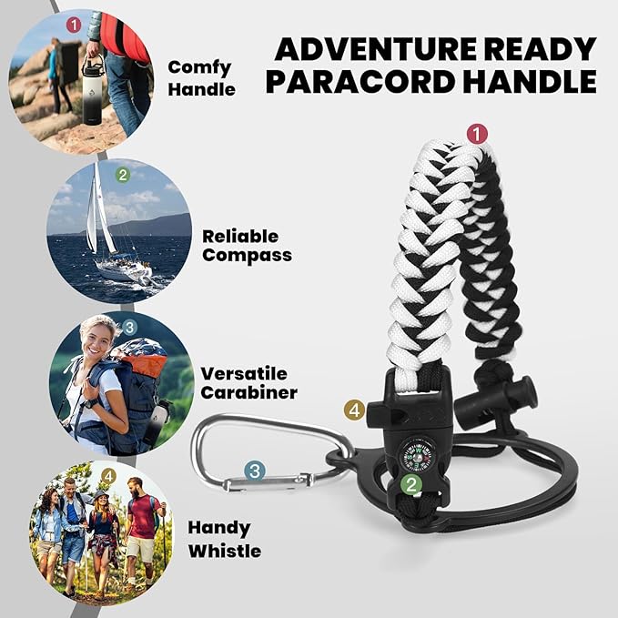 Insulated Water Bottle 40 oz, Triple Wall Vacuum Stainless Steel (Cold for 48 Hrs), Leak Proof & Non-BPA, Modern Water Flask Jug with Paracord Handle & Straw Spout Lids, Ombre: White/Black