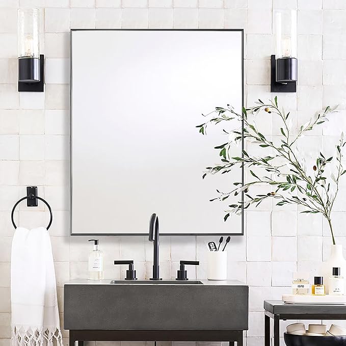 24x32 Inch Black Bathroom Mirror for Wall, Aluminum Frame Rectangle Rectangular Vanity Mirror, Modern Large for Bedroom, Living Room, Horizontal or Vertical-StrideForce Fitness