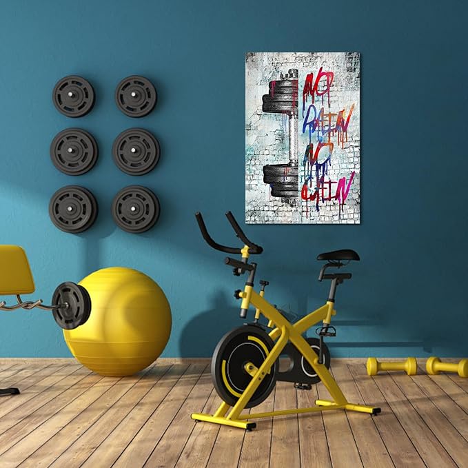 iHAPPYWALL Vintage Inspirational Fitness Quotes Wall Art No Pain No Gain Dumbbells Gym Sport Picture for Home Bodybuilding Room Bedroom Decor Ready to Hang 24x36inch (Grey)-StrideForce Fitness