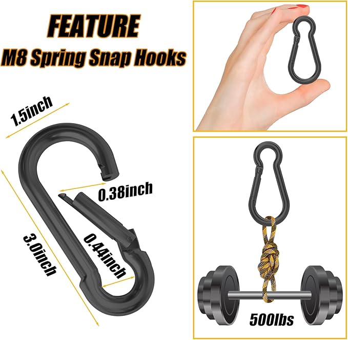 30PCS 3" Black Heavy Duty Spring Snap Hook, M8 5/16" Galvanized Steel Snap Hook Carabiner Quick Link Carabiner Clip, 500LBS Holding Capacity Quick Link Keychain for Swing Hammock Gym Outdoor-StrideForce Fitness