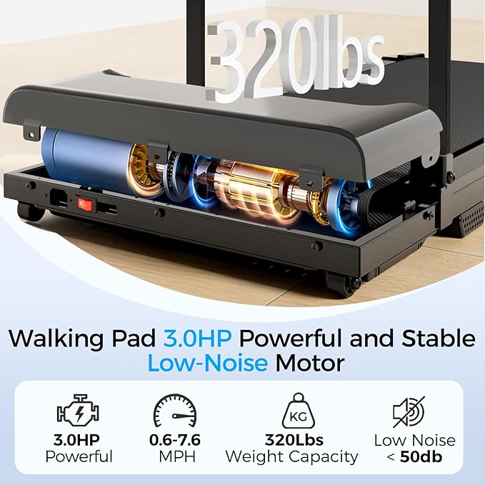Treadmill with Handle, Treadmills for Home Samll Space, 3.0HP Portable Walking Pad with Handle, Walking Pad Treadmill with 320 LBS Capacity, Electric Compact Treadmills, Lightweight Walking Pad-StrideForce Fitness