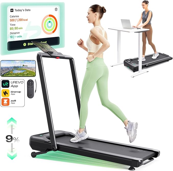 Smart Treadmill with 9% Auto Incline, Hiking and Running Walking Pad Treadmills for Home Office, Treadmill with UREVO APP, AI Powered Music Course, HIIT Programs Synced to Scenic Route, One-Click Mute-StrideForce Fitness