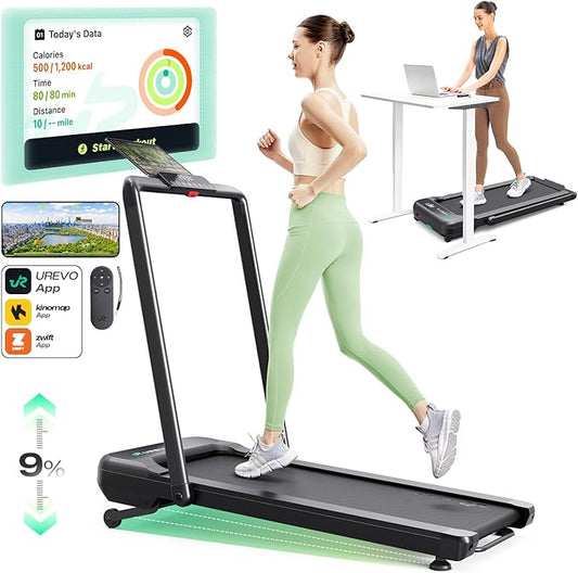 Smart Treadmill with 9% Auto Incline, Hiking and Running Walking Pad Treadmills for Home Office, Treadmill with UREVO APP, AI Powered Music Course, HIIT Programs Synced to Scenic Route, One-Click Mute-StrideForce Fitness