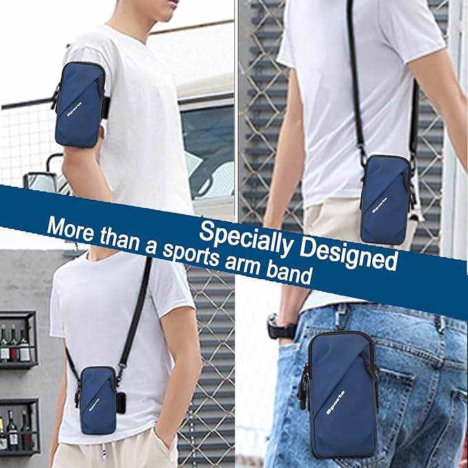 Phone Holder Armband, Small Crossbody Shoulder Holsters Bag with Arm Band, Fits iPhone and Android, Use for Running, Walking, Hiking & Biking (6.7 Inches, Blue)-StrideForce Fitness