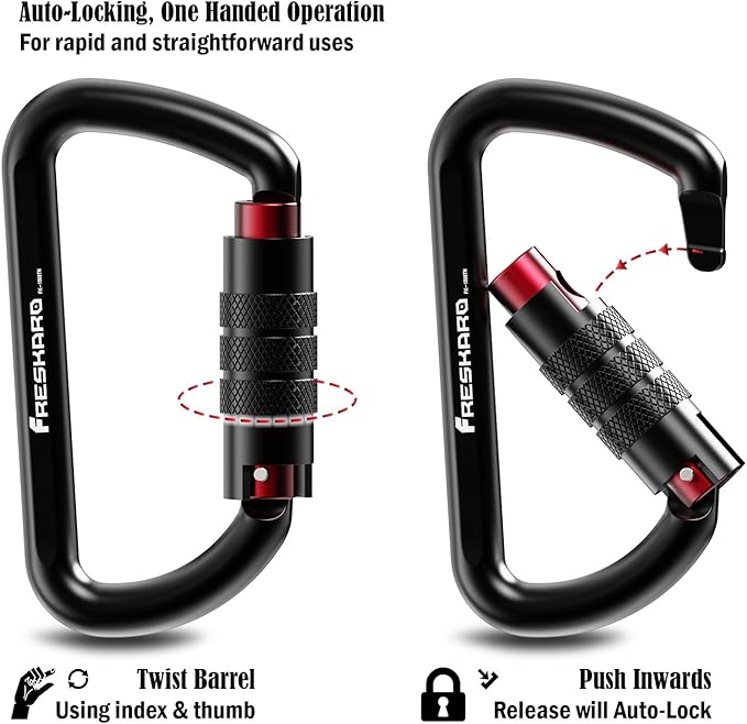 FresKaro 3inch 12kN-2698lbs Auto Locking Carabiner Clips, Solid D Shape, Heavy Duty 7075 Aluminum, Lightweight 1.09oz, Rust Proof, for Hammock, Hiking, Dog Leash, Keychain etc., Multi-Colors-StrideForce Fitness