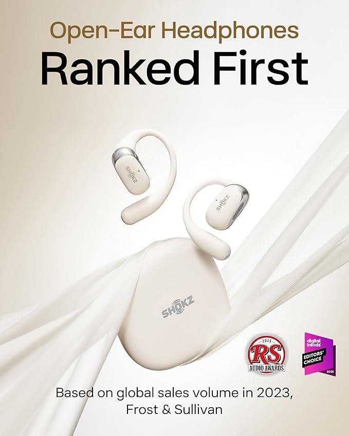 SHOKZ New OpenFit 2 Open-Ear Headphones, True Wireless Bluetooth Earphones with Microphone, Earhook Earbuds with 48 Hours of Playtime, Fast Charging, IP55 Water-Resistant, with Carrying Bag, Beige-StrideForce Fitness