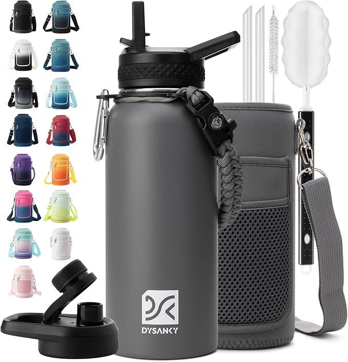 Insulated Water Bottle | Thickened Stainless Steel Vacuum Metal | Portable Sports Water Jug for Gym and Hiking with Straw, Carrier Bag, Handle Strap | BPA-Free 32 oz-StrideForce Fitness