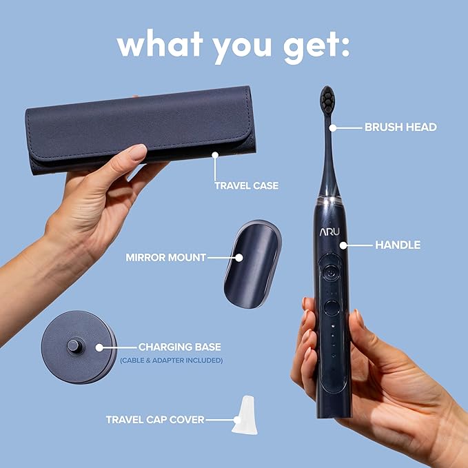 ARU Sonic Toothbrush Starter Kit with Customizable Modes and 2 Minute Timer, ADA-Approved Electric Toothbrush for Adults, Soft Toothbrush for Gums, 45+ Days Battery, Travel Case, Mystic Blue