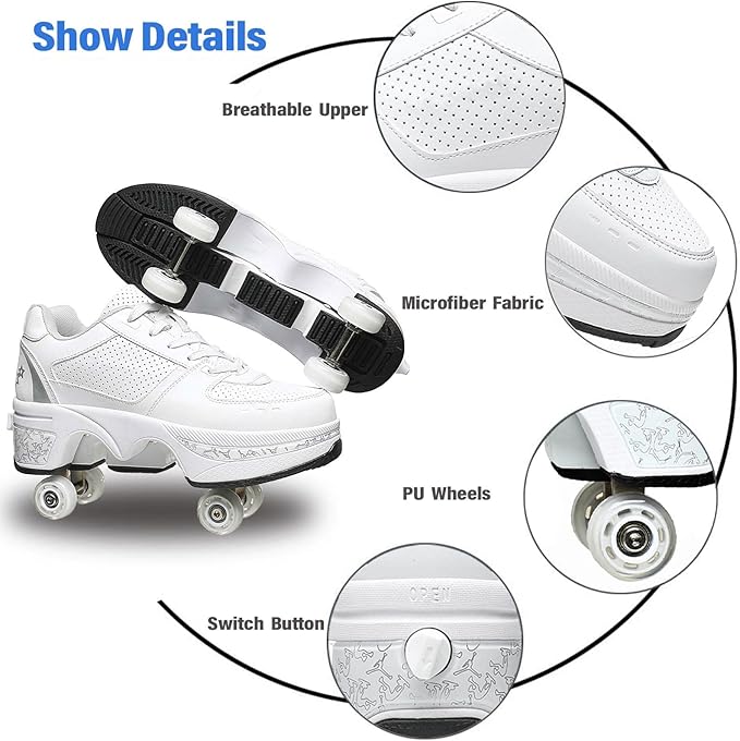 Roller Skate Shoes for Women Four Rounds Children's Roller Skates Shoes That Turn into Rollerskates Sneakers Outdoor Light Shoes with Wheels for Girls/Boys-StrideForce Fitness