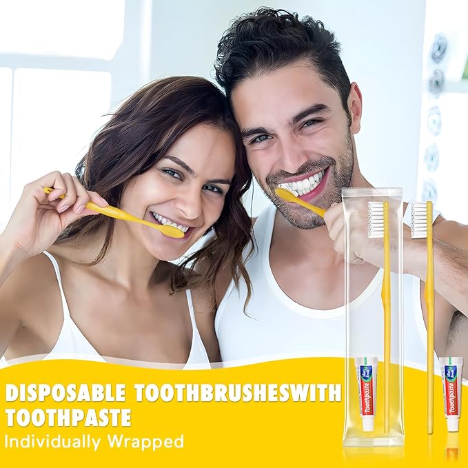 HOFASON Disposable Toothbrushes with Toothpaste Pack of 200, Bulk Travel Toothpaste and Toothbrush Set Yellow Hollow Toothbrush 5g Tooth Paste Individually Wrapped for Homeless Shelter Charity Hotel