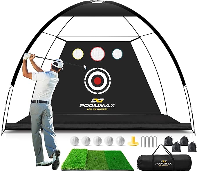 PodiuMax Golf Net, 10x7ft Golf Practice Net and Mat, Noise Reduce Target, 5 Balls, 4 Sandbags, Tee, Carry Bag, Hitting Nets for Backyard Garage, Indoor Driving Chiping, Gift for Men & Golfers-StrideForce Fitness
