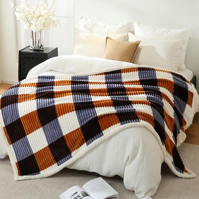 PU MEI Sherpa Blanket Twin Plaid Thick Bed Blanket, 80”*90” Super Soft Flannel Fuzzy Fleece Reversible Velvet Plush Warm Blanket for Couch (Brown Orange Check)-StrideForce Fitness