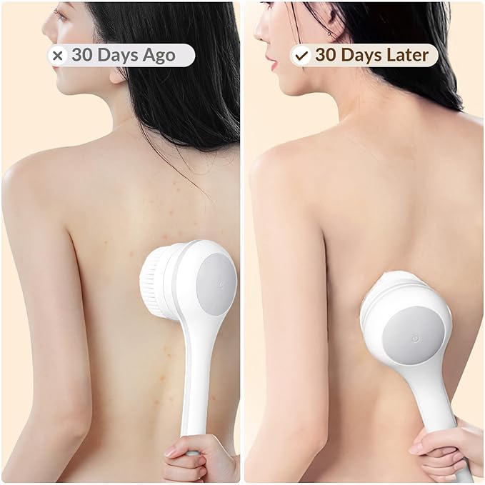 Electric Body Brush Back Scrubber for Shower, Waterproof Long Dual Handle Power Body Scrubber with 3 Heads, Rechargeable Bath Brush & 2 Speeds, for Cleansing, Exfoliating and Massaging Skin-StrideForce Fitness