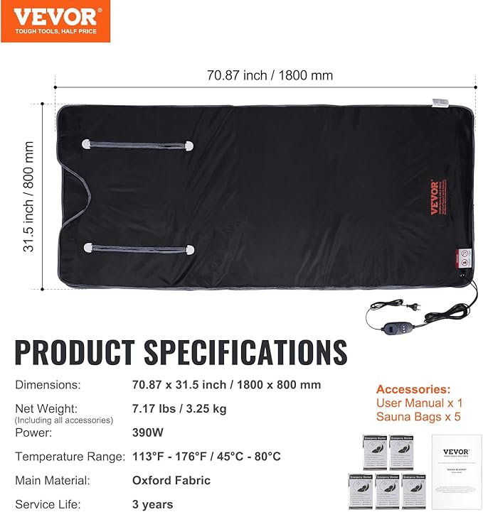 VEVOR Sauna Blanket, Portable Far Infrared Sauna for Home, Oxford Sauna Bag w/Arm Holes & Carbon Fiber Heating, 1-6 Level Adjustable Temp 95-176℉, 5-60 Minutes Timer, 71 x 31 in-StrideForce Fitness