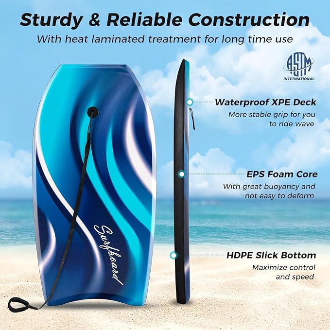 KOTEK 33/37/41 Inch Body Board with Wrist Leash, EPS Core, Dual Channel, HDPE Slick Bottom, Bodyboard for All Skill Levels & Wave Conditions-StrideForce Fitness