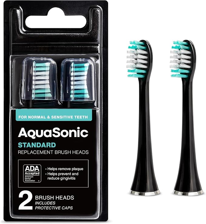 AquaSonic Genuine Standard Replacement Brush Heads | for Normal & Sensitive Teeth | Compatible with Many AquaSonic Toothbrush Handles (2 Pack Black)
